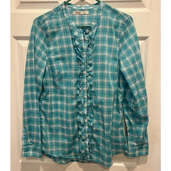 Old Navy‎ Teal White Plaid Ruffle Button Up Round Neck Long Sleeve Blouse Medium - Picture 1 of 8